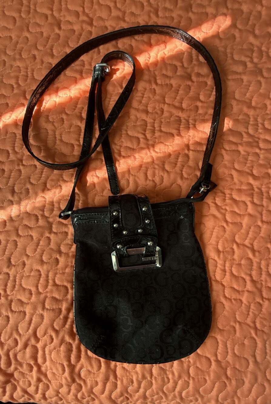Guess Vintage Black Monogram Logo Canvas Small Crossbody Bag with Studded Buckle